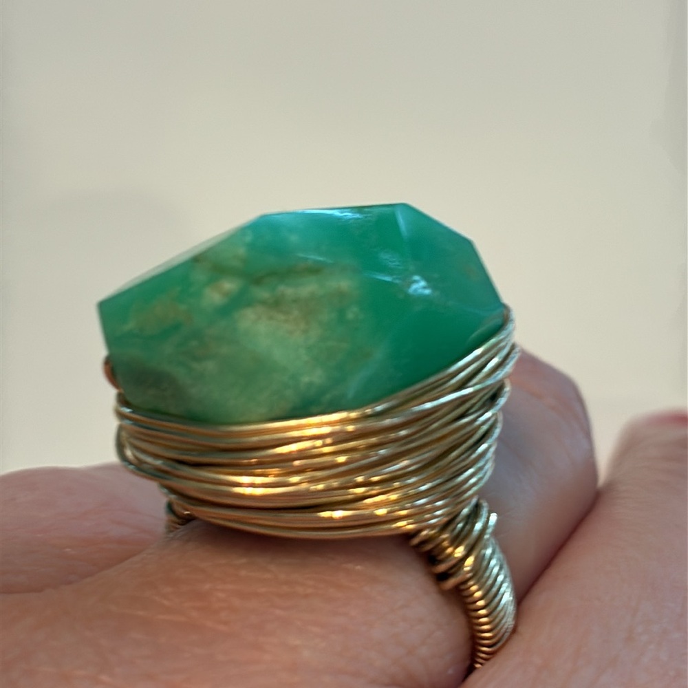 Gold Wire Wrapped Green Stone Ring - Picture 10 of 12